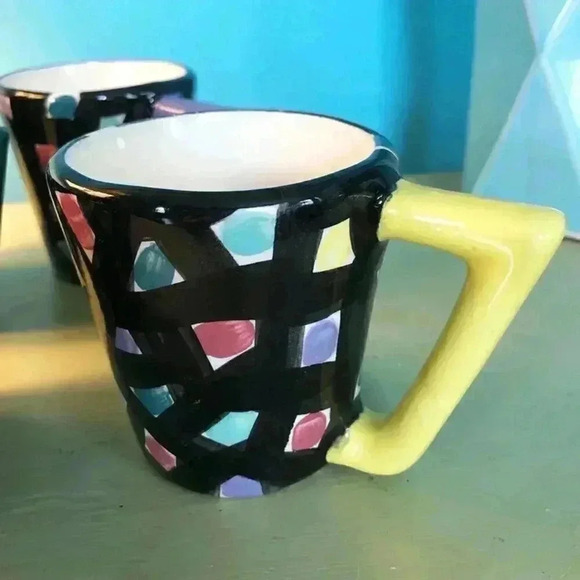 4 Handmade Mugs Ceramic Black & Multicolor Dots - Picture 1 of 8